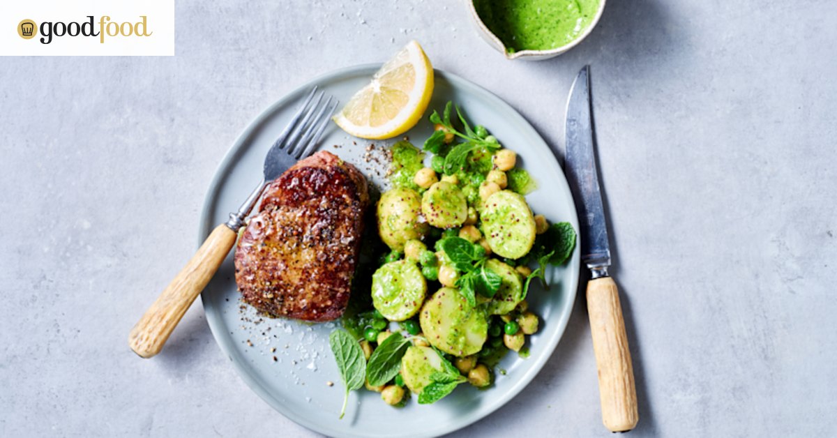 Indian mint and chilli steaks with potato, pea and chickpea salad