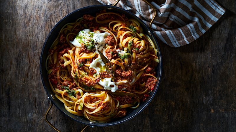 Fettuccine with caramelised fennel bolognese, parsley pesto and burrata