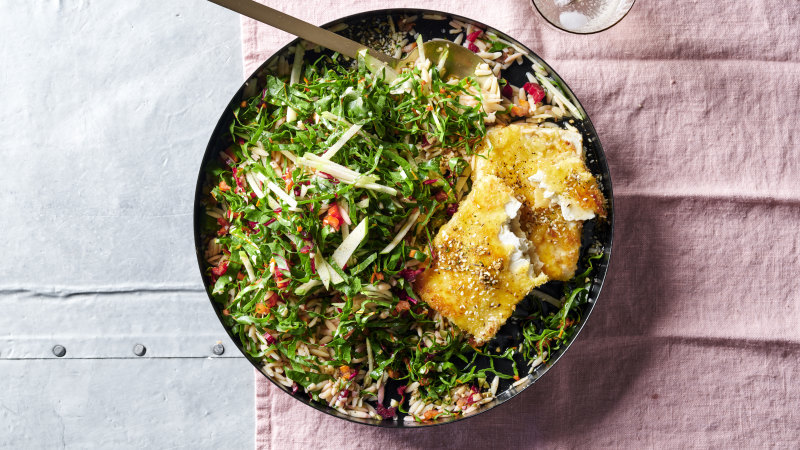 Eat the rainbow with this chard and orzo salad with crispy feta