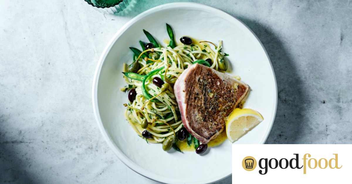 Nicoise pasta with seared tuna steak