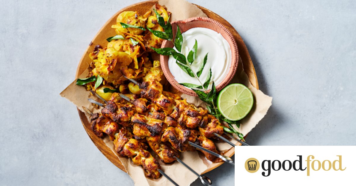 Spicy chicken skewer recipe with crunchy coconut potatoes