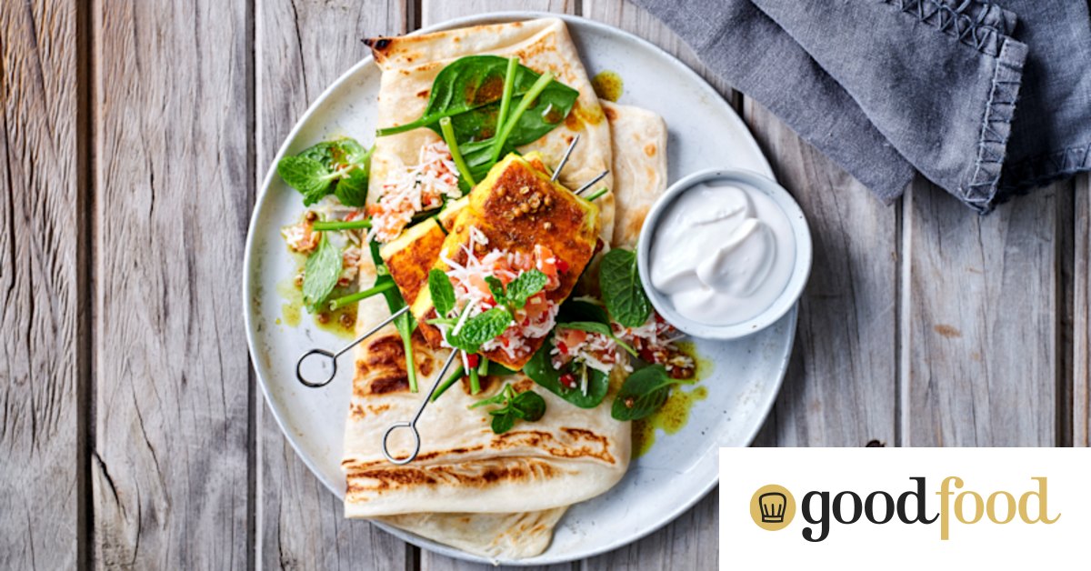 Paneer skewers with coconut-tomato sambal and toasted roti