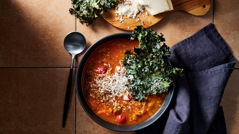 Parmesan-kale crisps headline a hearty, fast soup recipe