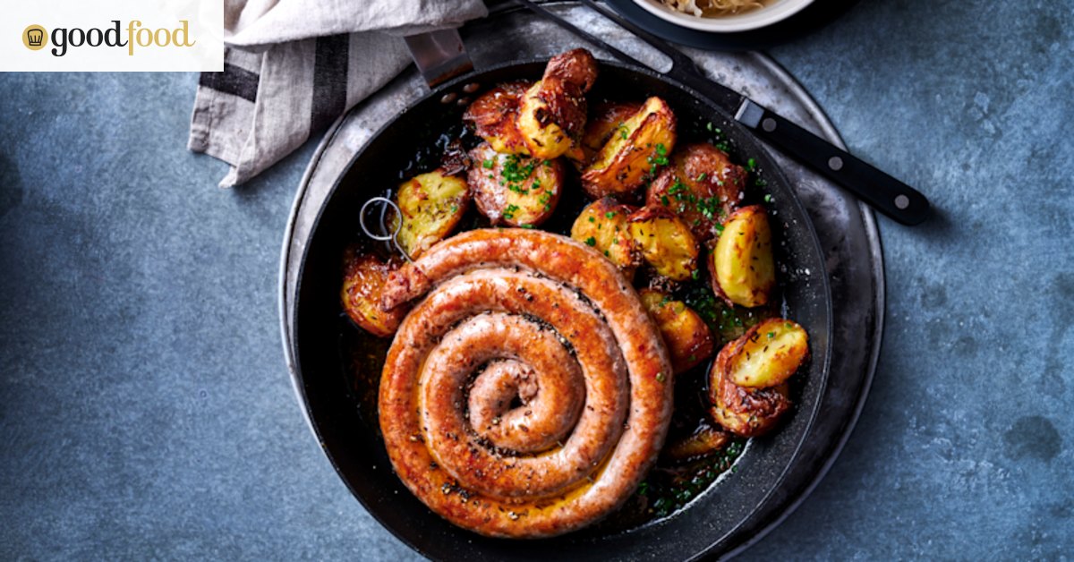 Easy lamb sausages recipe with crushed potatoes & caraway butter