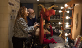 In the WHAM room: (from left) Kylie Clarke and Rick McGill work on Christopher Scalzo, who plays Babydoll, and Ruva Ngwenya, 
who plays La Chocolat.