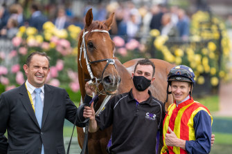 Trainer Chris Waller (left) and jockey  James McDonald with Nature Strip.