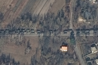 A Russian convoy moving in the direction of Kyiv - about 60km away - early Monday.