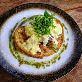 The Apollo Benedict with Jamaican spiced ham hock and lime hollandaise.