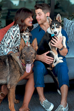 Priyanka at home with her husband Nick and their three dogs, Diana, Gino and Panda.