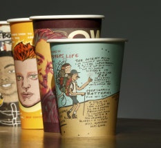 The coffee cups give affectionate images and stories of Warren Meyer, front, and five other missing people.
