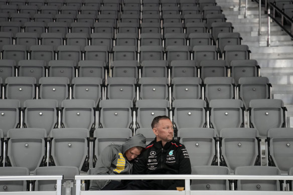 Fans wait in the stands in Las Vegas as second practice is delayed.