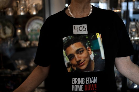Edan Alexander, seen here on his grandmother’s T-shirt, was abducted from his base during the October 7 Hamas-led attack in 2023 that ignited the war in Gaza.