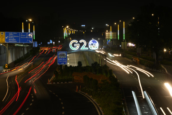 Traffic moves near the main venue of the G20 Summit in New Delhi.