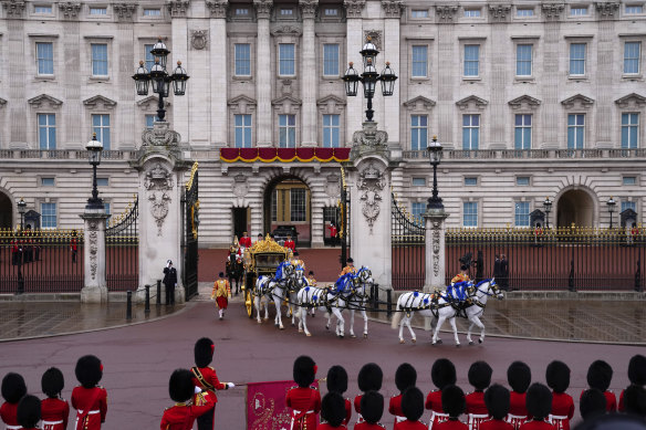 Britain’s King Charles III and Camilla, the Queen Consort, leave Buckingham Palace in the Diamond Jubilee State Coach.