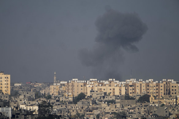 Smoke rises following an Israeli airstrike in the Gaza Strip, as seen from southern Israel.