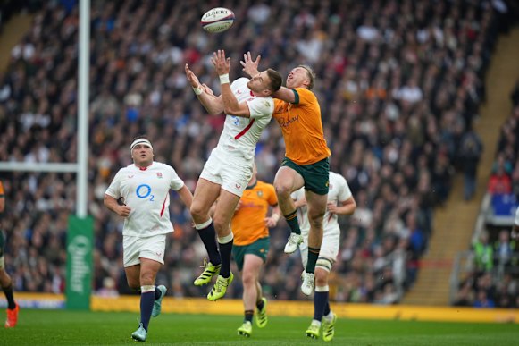 England’s Freddie Steward claims a high ball in a contest with Harry Potter.