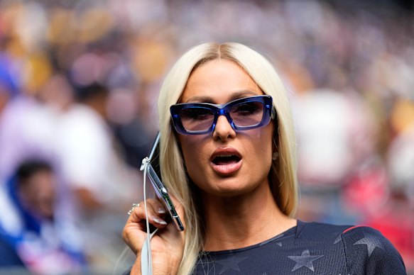 Paris Hilton on the pitch before the Socceroos-USA clash in Seattle.