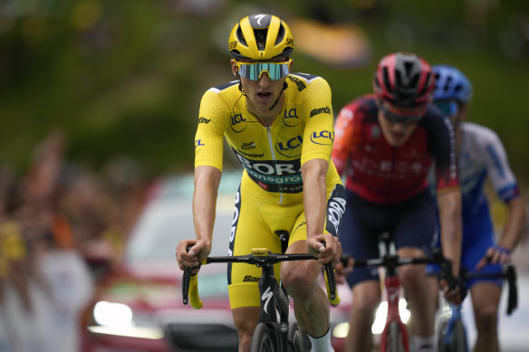 Australia’s Jai Hindley approaches the finish line to complete the sixth stage of the Tour de France on Thursday.