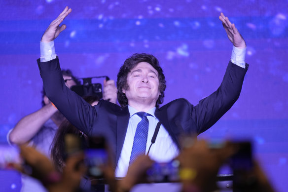 Javier Milei at his campaign headquarters after getting the most votes in the primaries for the Argentinian presidential election. 