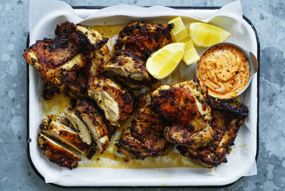 Barbecued marinated chicken with spicy mayonnaise.