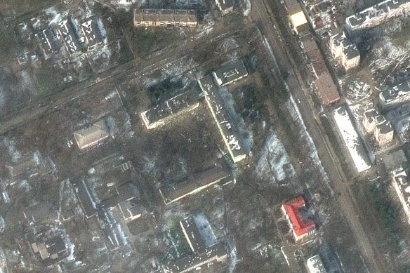 A satellite image of damage to the Mariupol hospital after Russian attacks.