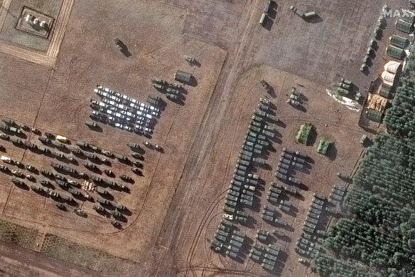 A satellite image provided by Maxar Technologies shows new deployments of troops and equipment that have been established in rural areas southwest of Belgorod.