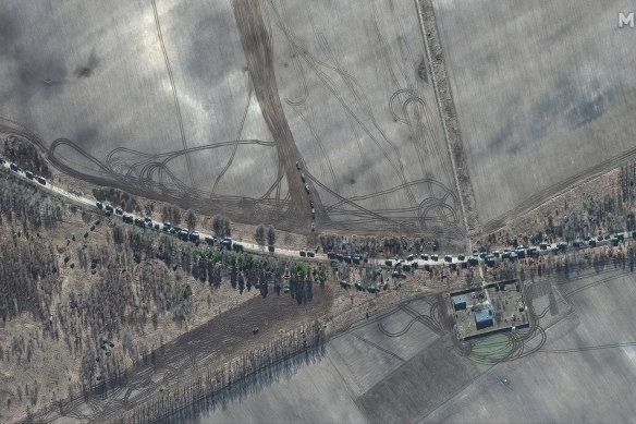 The southern end of the convoy, near Antonov Airport, in the northern suburbs of Kyiv.
