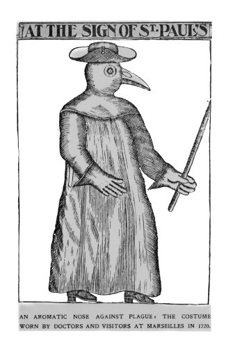 A costume, including beak that could be filled with aromatics, worn by doctors treating the plague. 