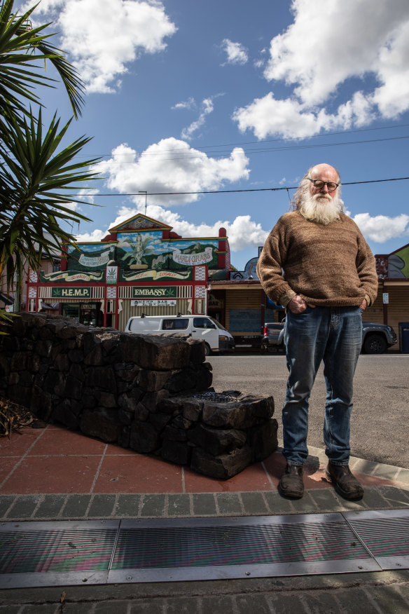 Balderstone in downtown Nimbin: “None of my [now grown] kids will smoke dope, and they all went to university and got proper jobs.”