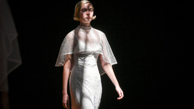 A model at rehearsals for the bridal runway at the Melbourne Fashion Festival on Wednesday.