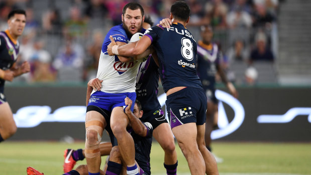 Big bopper: David Klemmer hits it up against the Storm on Saturday.