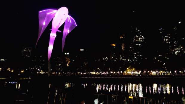 A floating fish above the Yarra at White Night 2018.