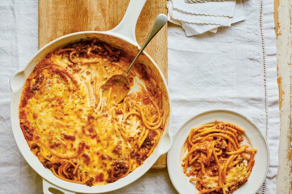 This pastitsio’s ragu, pasta and sauce are all cooked in the same pan.