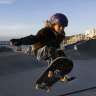 Mila McDonald, 9, doing an air out at Bondi Skate Park.