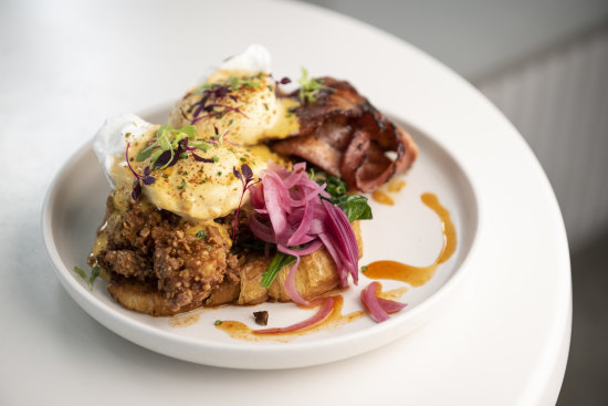 Fried chicken eggs Benedict is wildly popular with customers.