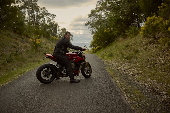 Perkins on his Ducati. “The uncomfortable bogan truth is that I’m a petrolhead.”