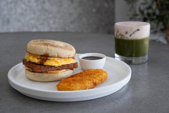 Spam and egg roll with organic Japanese matcha.