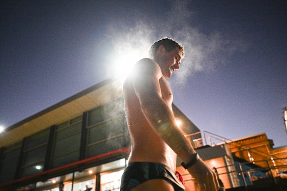 Tom Pirola braves the Brighton beach baths earlier this week. 