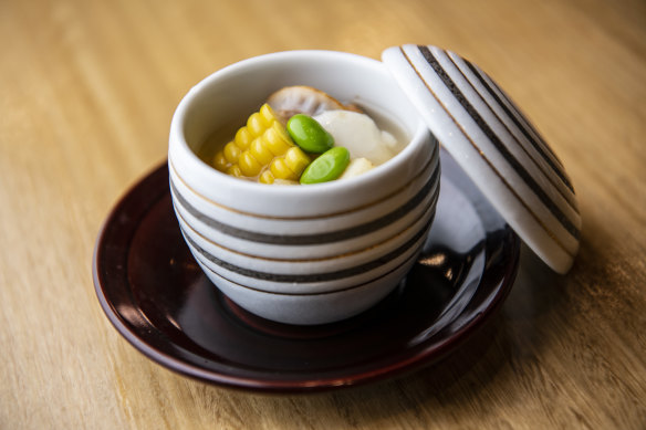 Chawanmushi scallop, sweet corn, lily flower root, potato and edamame. 