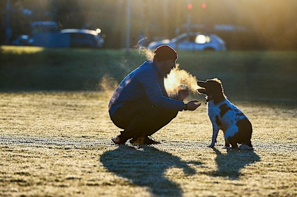 Luke Rigby plays with his dog at Como Park