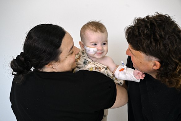 Sinead and Alex Forster and their five-month-old son, Noah. The family lost their firstborn, Teddy, last year while Teddy was waiting for a heart transplant. Noah is now receiving treatment for the same condition and may need a heart transplant one day.