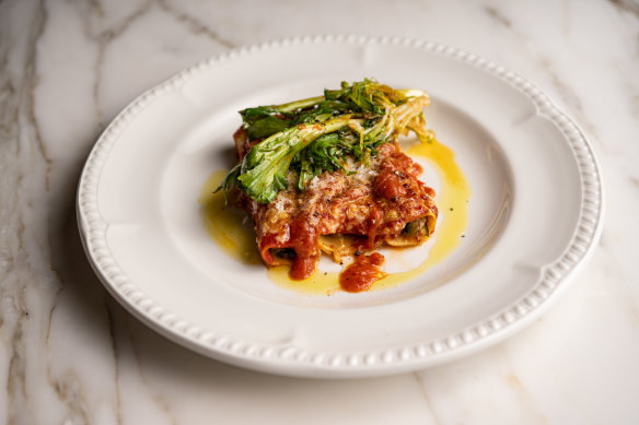 Bitter leaves cannelloni, Genovese ragu, smoked scamorza. 