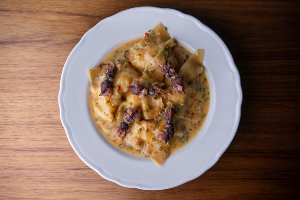 Go-to dish: Hokkaido scallop ravioli, crab, tobiko.