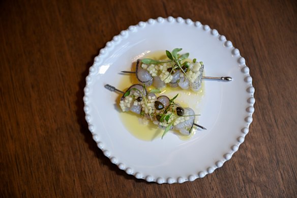 Skewers of garfish at Marmelo are doused in vinho verde vinegar.