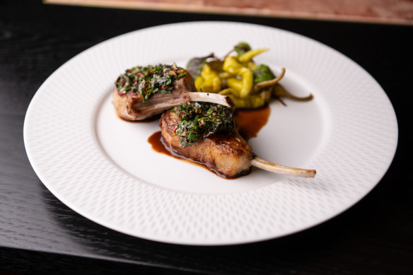 Lamb rack comes with green chimichurri and pickled chilli accompaniments.