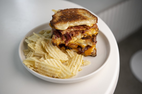 Three day-marinated brisket with kimchi toasted sandwich.