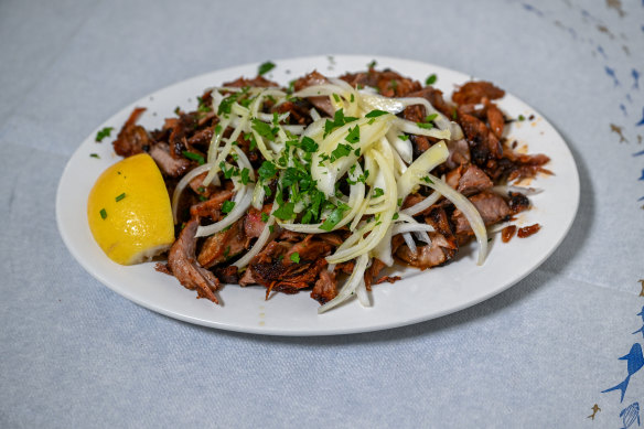 Lamb at Jim’s Greek Tavern, sliced straight from the gyro.