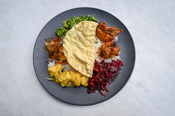 White rice; kale mallum; chicken, beetroot and cassava curries; pappadum.