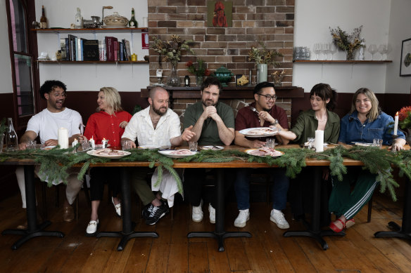 Joel Young (Butcher Joel Young), Sarah Norris, Nik Hill (Porcine), Callan Boys, Junda Khoo (Ho Jiak), Bianca Hrovat and Danielle Alvarez (Sydney Opera House) take on Christmas hams at Porcine in Paddington.