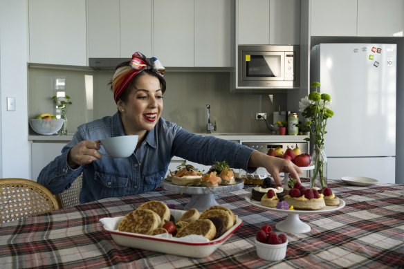 Merna Taouk from Crumpets by Merna, picking over a brekkie spread.